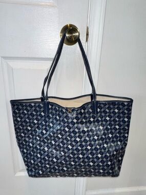 Sam Edelman Harper Monogram Shopper Tote Blue Logo Print Large Shoulder Bag